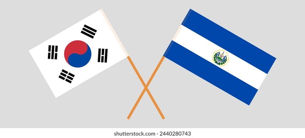 Crossed flags of South Korea and El Salvador. Official colors. Correct proportion. Vector illustration
