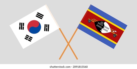 Crossed flags of South Korea and Eswatini. Official colors. Correct proportion. Vector illustration
