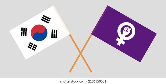 Crossed flags of South Korea and Feminism. Official colors. Correct proportion. Vector illustration
