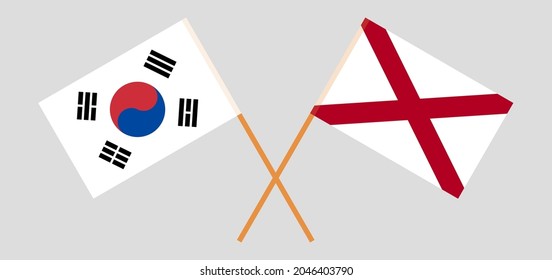 Crossed flags of South Korea and The State of Alabama. Official colors. Correct proportion