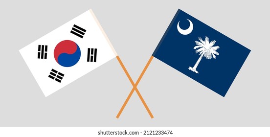 Crossed flags of South Korea and The State of South Carolina. Official colors. Correct proportion. Vector illustration
