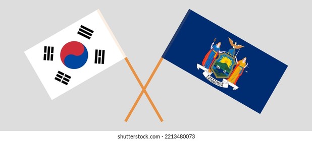 Crossed flags of South Korea and The State of New York. Official colors. Correct proportion. Vector illustration
