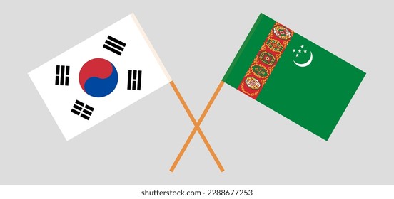 Crossed flags of South Korea and Turkmenistan. Official colors. Correct proportion. Vector illustration
