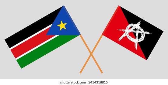 Crossed flags of South Sudan and anarchy. Official colors. Correct proportion. Vector illustration
