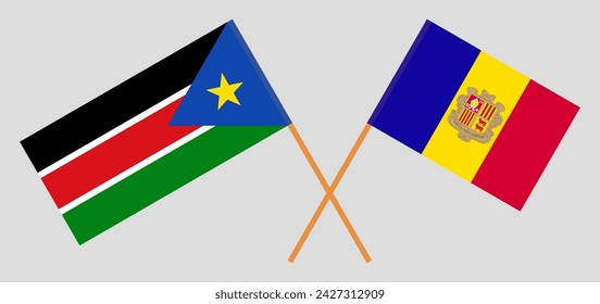Crossed flags of South Sudan and Andorra. Official colors. Correct proportion. Vector illustration
