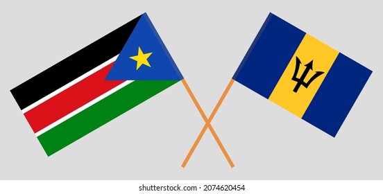 Crossed flags of South Sudan and Barbados. Official colors. Correct proportion. Vector illustration