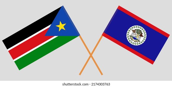 Crossed flags of South Sudan and Belize. Official colors. Correct proportion. Vector illustration
