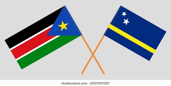 Crossed flags of South Sudan and Country of Curacao. Official colors. Correct proportion. Vector illustration
