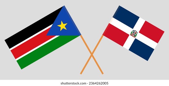 Crossed flags of South Sudan and Dominican Republic. Official colors. Correct proportion. Vector illustration
