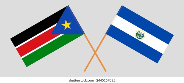 Crossed flags of South Sudan and El Salvador. Official colors. Correct proportion. Vector illustration
