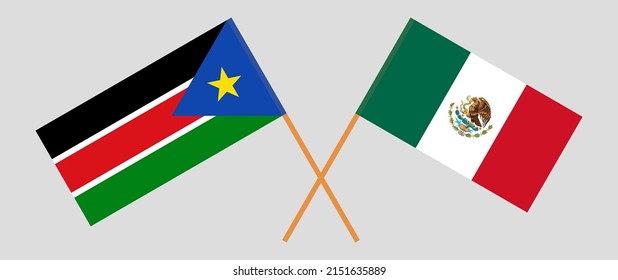 Crossed flags of South Sudan and Mexico. Official colors. Correct proportion. Vector illustration

