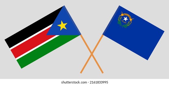 Banderas cruzadas de Sudán del Sur y Estado de Nevada. Colores oficiales. Proporción correcta. Ilustración del vector
