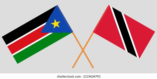 Crossed flags of South Sudan and Trinidad and Tobago. Official colors. Correct proportion. Vector illustration
