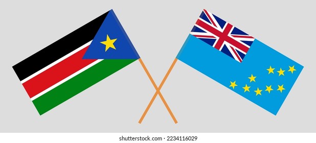 Crossed flags of South Sudan and Tuvalu. Official colors. Correct proportion. Vector illustration
