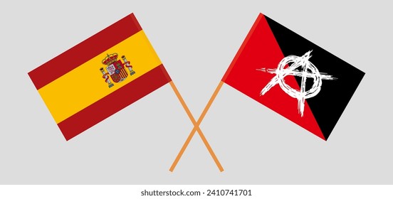 Crossed flags of Spain and anarchy. Official colors. Correct proportion. Vector illustration
