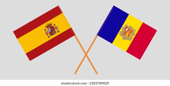 Crossed flags of Spain and Andorra. Official colors. Correct proportion. Vector illustration
