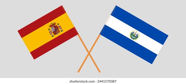 Crossed flags of Spain and El Salvador. Official colors. Correct proportion. Vector illustration
