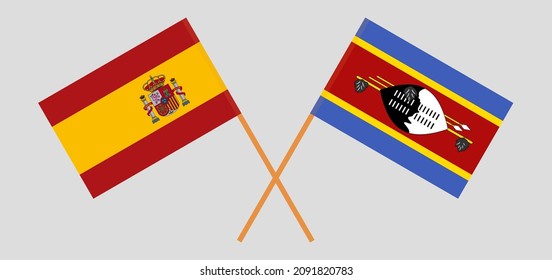 Crossed flags of Spain and Eswatini. Official colors. Correct proportion. Vector illustration

