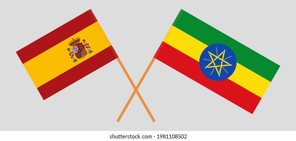 Gekreuzte Flaggen von Spanien und Äthiopien. Offizielle Farben. Richtiger Anteil