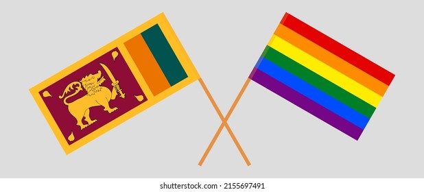 Crossed flags of Sri Lanka and LGBTQ. Official colors. Correct proportion. Vector illustration
