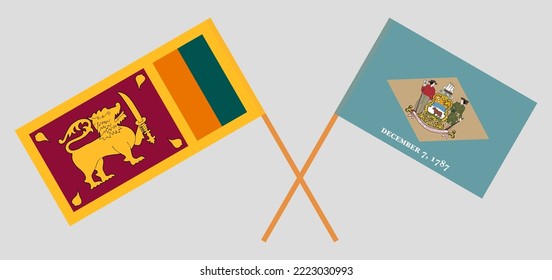 Überquerte Flaggen Sri Lankas und des Staates Delaware. Offizielle Farben. Richtiger Anteil. Vektorgrafik
