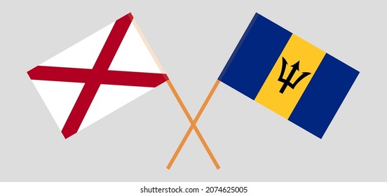 Crossed flags of The State of Alabama and Barbados. Official colors. Correct proportion. Vector illustration