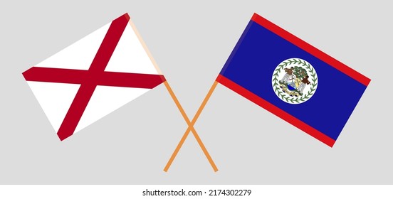 Crossed flags of The State of Alabama and Belize. Official colors. Correct proportion. Vector illustration
