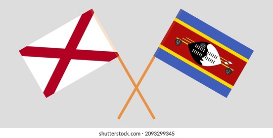 Crossed flags of The State of Alabama and Eswatini. Official colors. Correct proportion
