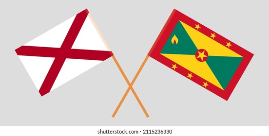Crossed flags of The State of Alabama and Grenada. Official colors. Correct proportion. Vector illustration
