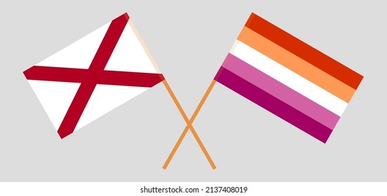 Crossed flags of The State of Alabama and Lesbian Pride. Official colors. Correct proportion. Vector illustration
