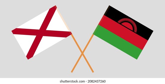 Gekreuzte Flaggen des Staates Alabama und Malawi. Offizielle Farben. Richtiger Anteil