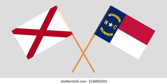 Crossed flags of The State of Alabama and The State of North Carolina. Official colors. Correct proportion. Vector illustration
