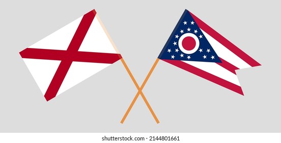 Überquerte Flaggen des Staates Alabama und des Staates Ohio. Offizielle Farben. Richtiger Anteil. Vektorgrafik
