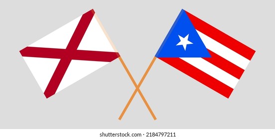 Crossed flags of The State of Alabama and Puerto Rico. Official colors. Correct proportion. Vector illustration
