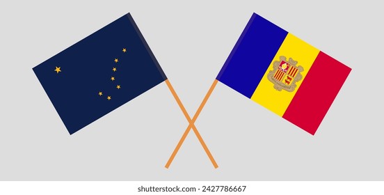 Crossed flags of the State of Alaska and Andorra. Official colors. Correct proportion. Vector illustration
