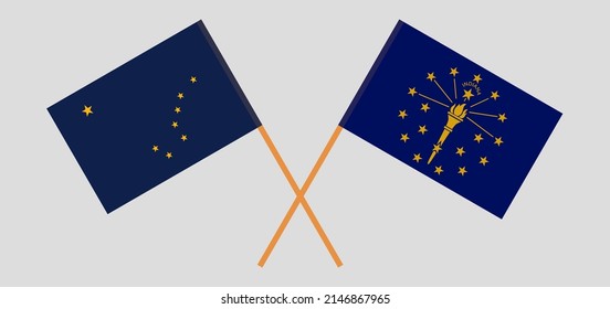 Crossed flags of the State of Alaska and the State of Indiana. Official colors. Correct proportion. Vector illustration
