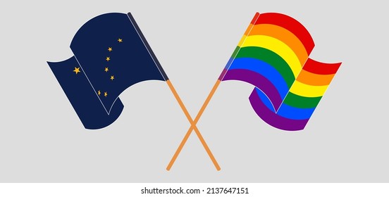 Crossed flags of the State of Alaska and LGBTQ. Official colors. Correct proportion. Vector illustration

