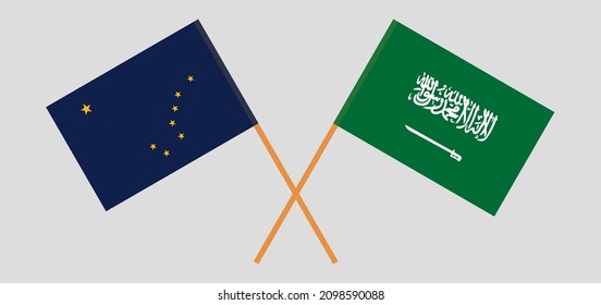 Crossed flags of the State of Alaska and Saudi Arabia. Official colors. Correct proportion. Vector illustration
