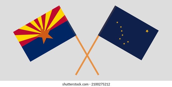 Crossed flags of the State of Arizona and the State of Alaska. Official colors. Correct proportion. Vector illustration
