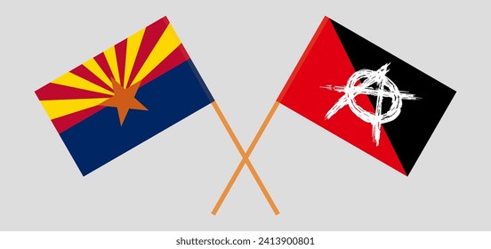 Crossed flags of the State of Arizona and anarchy. Official colors. Correct proportion. Vector illustration
