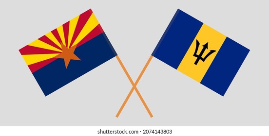 Crossed flags of the State of Arizona and Barbados. Official colors. Correct proportion. Vector illustration
