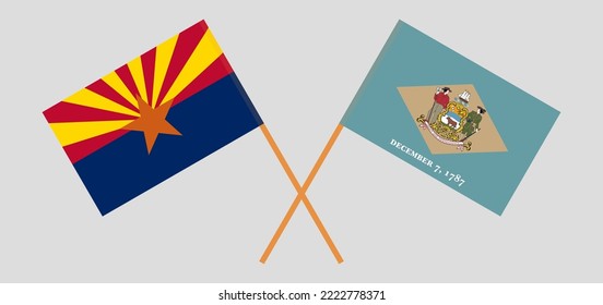 Crossed flags of the State of Arizona and The State of Delaware. Official colors. Correct proportion. Vector illustration
