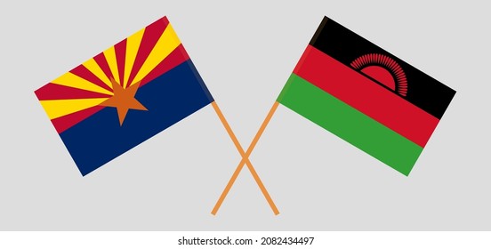 Crossed flags of the State of Arizona and Malawi. Official colors. Correct proportion