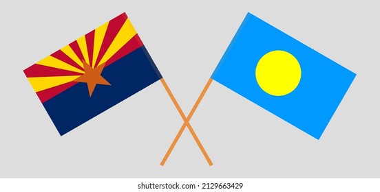 Crossed flags of the State of Arizona and Palau. Official colors. Correct proportion. Vector illustration
