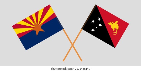 Crossed flags of the State of Arizona and Papua New Guinea. Official colors. Correct proportion. Vector illustration
