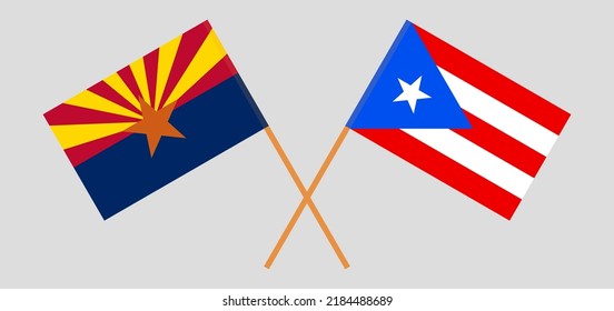 Crossed flags of the State of Arizona and Puerto Rico. Official colors. Correct proportion. Vector illustration
