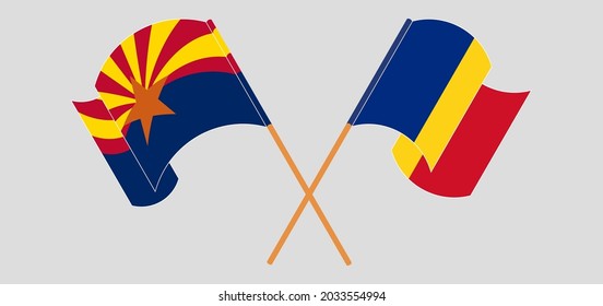 Crossed flags of the State of Arizona and Romania. Official colors. Correct proportion
