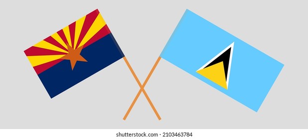 Crossed flags of the State of Arizona and Saint Lucia. Official colors. Correct proportion. Vector illustration
