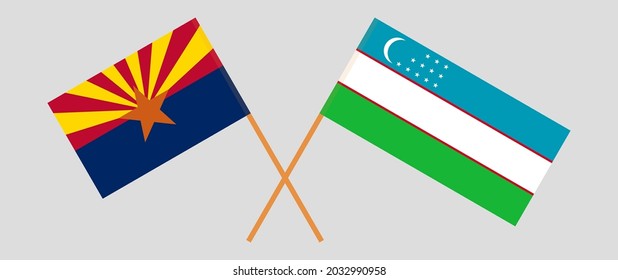 Crossed flags of the State of Arizona and Uzbekistan. Official colors. Correct proportion