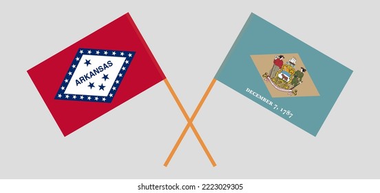 Crossed flags of The State of Arkansas and The State of Delaware. Official colors. Correct proportion. Vector illustration
